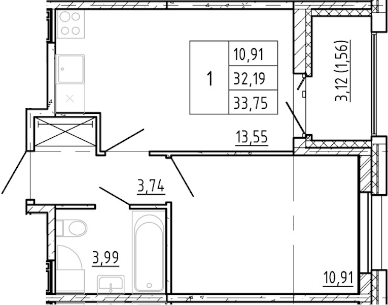 1-комнатная квартира 32.19 м², 12/12 эт., ЖК «Полис Новоселье»